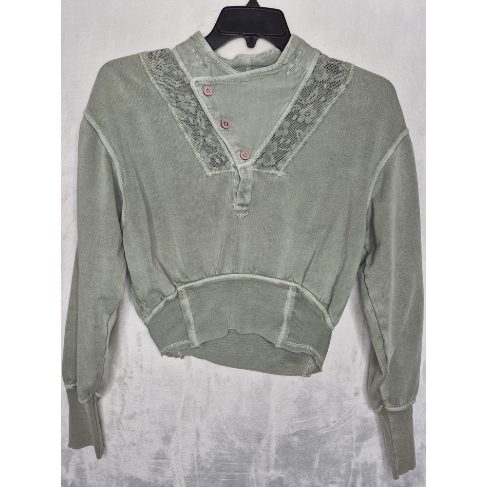 Free People Faded Sage Green Lace Trim Henley Sweater Womens XS Boho